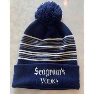 Seagram's Vodka Hat Pom Beanie Logo Knit Cap Alcohol Promo Navy Blue Gray